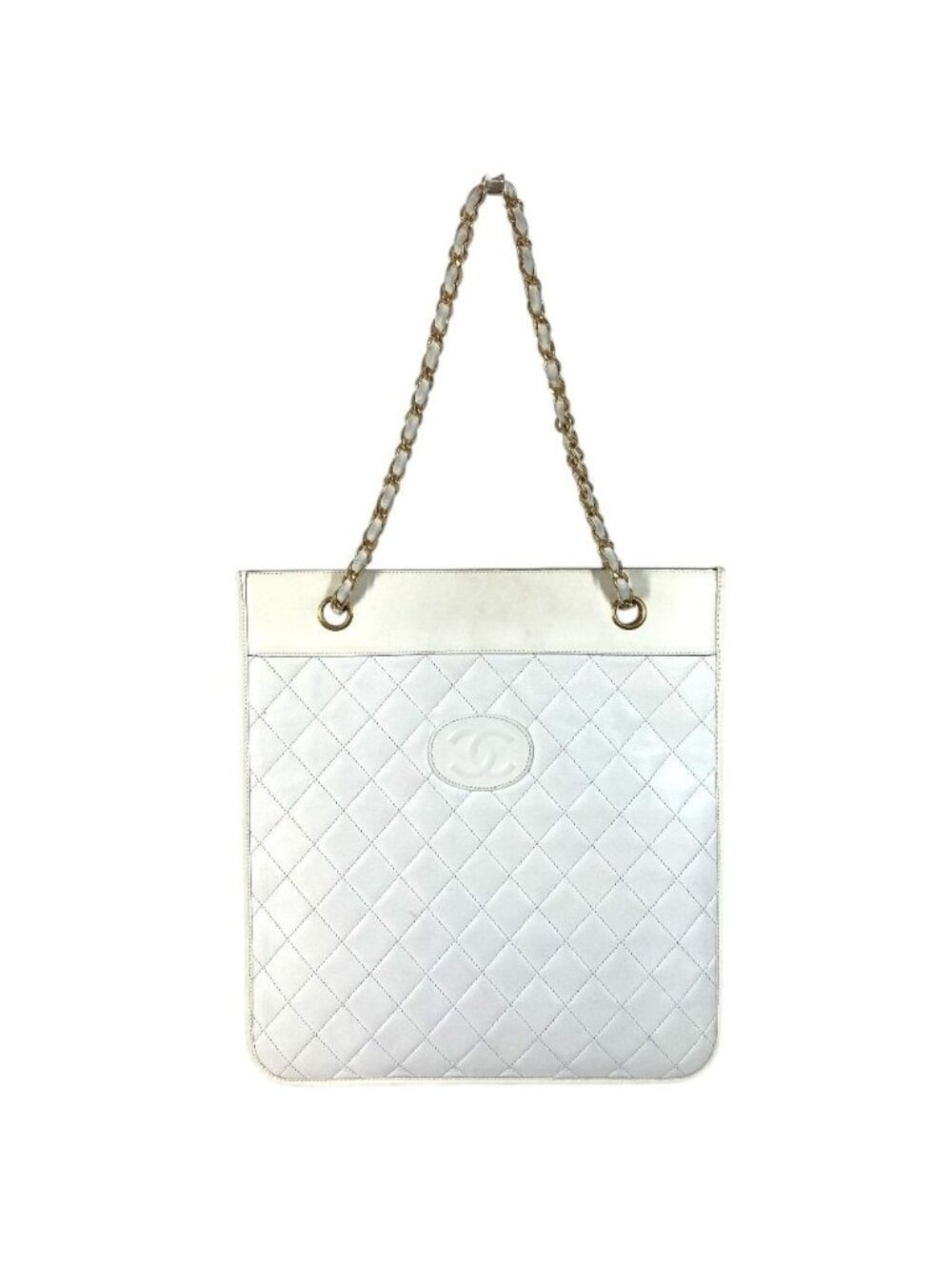 Chanel Shoulder Bag CC Logo Flat Quilted Leather White